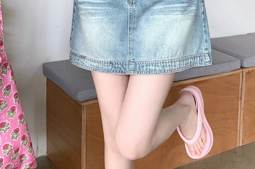 High Waist Washed Denim Mini A-Line Skirt