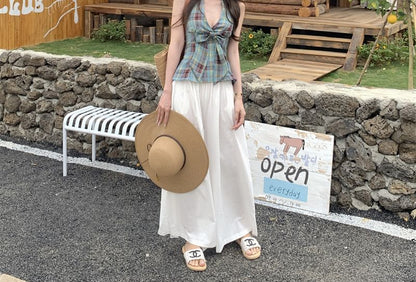 Halter Plaid Bow Peplum Tank Top / High Waist Plain Culottes