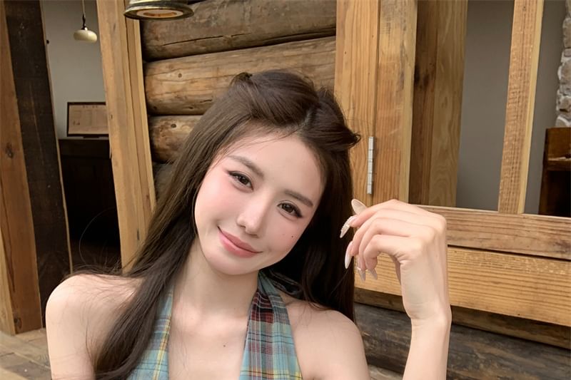 Halter Plaid Bow Peplum Tank Top / High Waist Plain Culottes