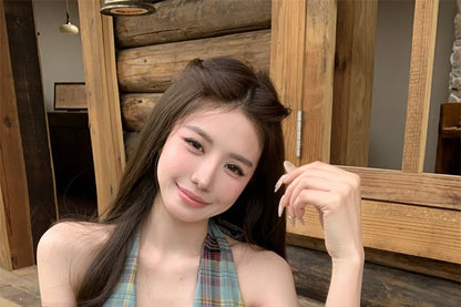 Halter Plaid Bow Peplum Tank Top / High Waist Plain Culottes