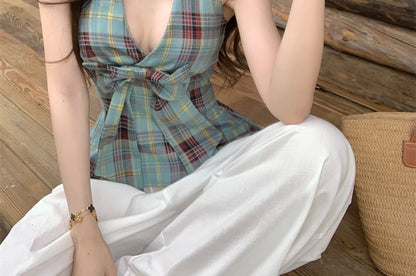 Halter Plaid Bow Peplum Tank Top / High Waist Plain Culottes