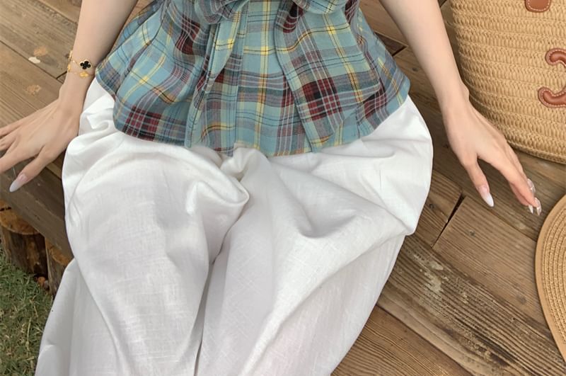 Halter Plaid Bow Peplum Tank Top / High Waist Plain Culottes
