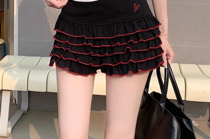 Cap-Sleeve Off-Shoulder Lettering Slim Fit Tee / High Waist Dotted Tiered Skort