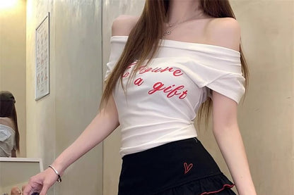 Cap-Sleeve Off-Shoulder Lettering Slim Fit Tee / High Waist Dotted Tiered Skort