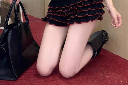 Cap-Sleeve Off-Shoulder Lettering Slim Fit Tee / High Waist Dotted Tiered Skort