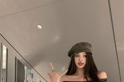 Cap-Sleeve Off-Shoulder Camo Print Asymmetrical Ruffle Trim Slim Fit Tee