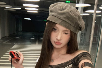 Cap-Sleeve Off-Shoulder Camo Print Asymmetrical Ruffle Trim Slim Fit Tee