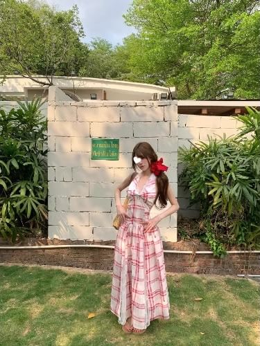 Halter Plaid Open Back Lace Panel Midi A-Line Dress