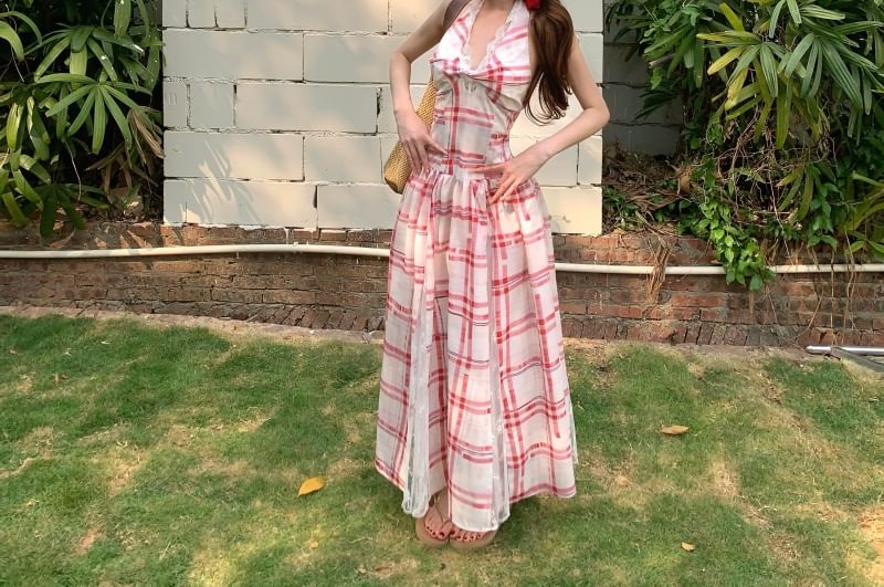 Halter Plaid Open Back Lace Panel Midi A-Line Dress
