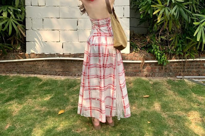 Halter Plaid Open Back Lace Panel Midi A-Line Dress