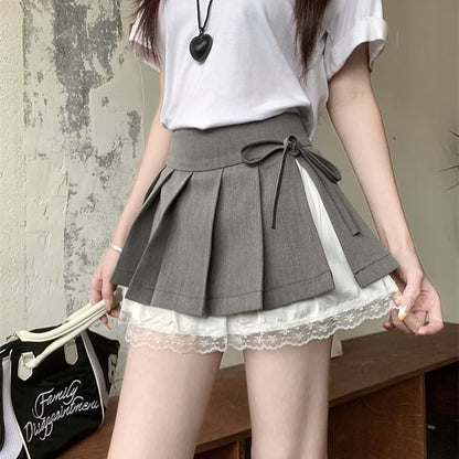 High Waist Bow Lace Panel Pleated Mini A-Line Skirt