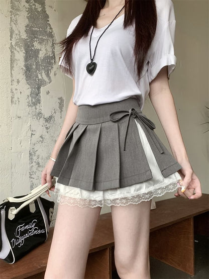 High Waist Bow Lace Panel Pleated Mini A-Line Skirt