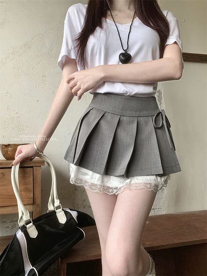 High Waist Bow Lace Panel Pleated Mini A-Line Skirt