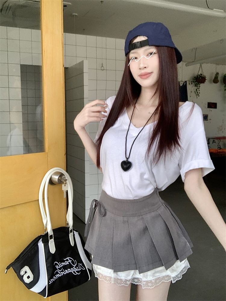 High Waist Bow Lace Panel Pleated Mini A-Line Skirt