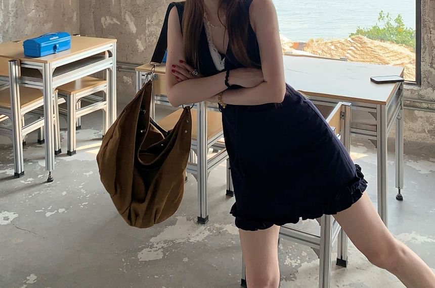 Sleeveless V-Neck Bow Lace Panel Mini A-Line Dress