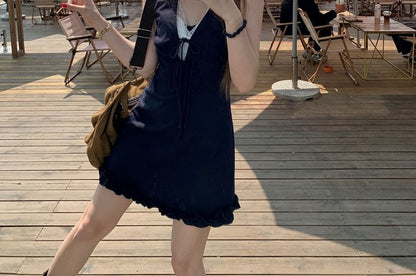 Sleeveless V-Neck Bow Lace Panel Mini A-Line Dress