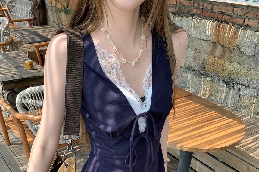 Sleeveless V-Neck Bow Lace Panel Mini A-Line Dress