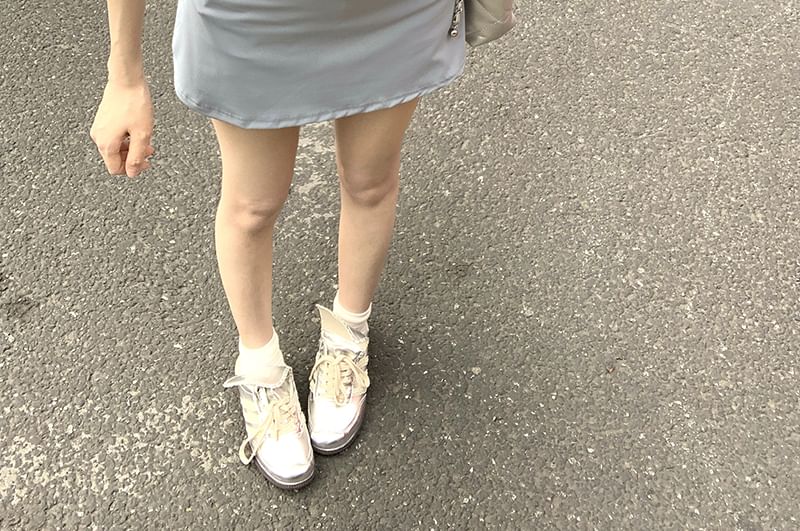 Set: Short-Sleeve Mock Neck Plain Zip Slim Fit Tee + High Waist Mini A-Line Skirt