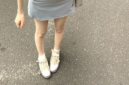 Set: Short-Sleeve Mock Neck Plain Zip Slim Fit Tee + High Waist Mini A-Line Skirt