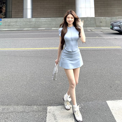 Set: Short-Sleeve Mock Neck Plain Zip Slim Fit Tee + High Waist Mini A-Line Skirt