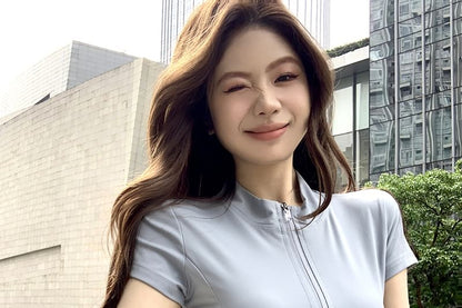 Set: Short-Sleeve Mock Neck Plain Zip Slim Fit Tee + High Waist Mini A-Line Skirt