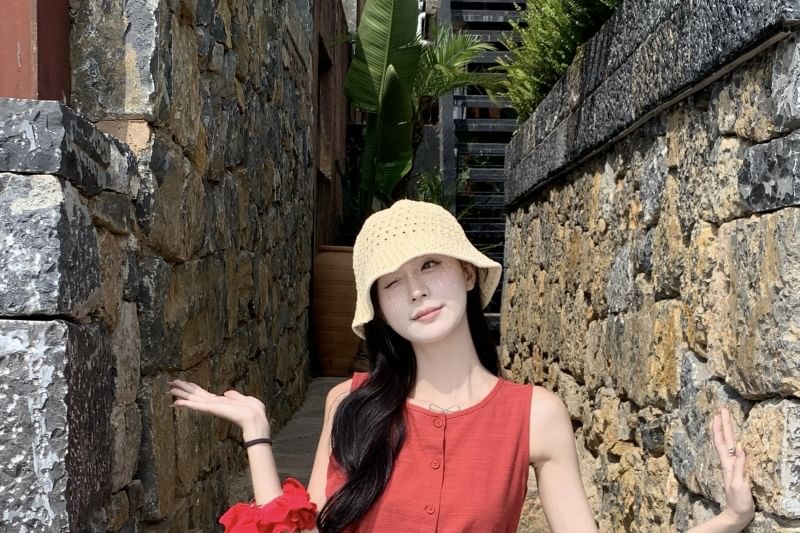 Sleeveless Round Neck Plain Button Mini A-Line Dress