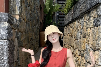 Sleeveless Round Neck Plain Button Mini A-Line Dress