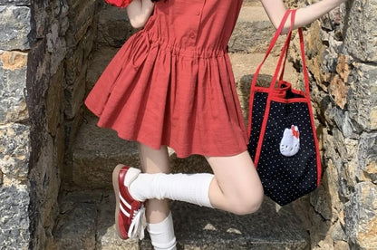 Sleeveless Round Neck Plain Button Mini A-Line Dress