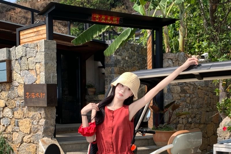 Sleeveless Round Neck Plain Button Mini A-Line Dress