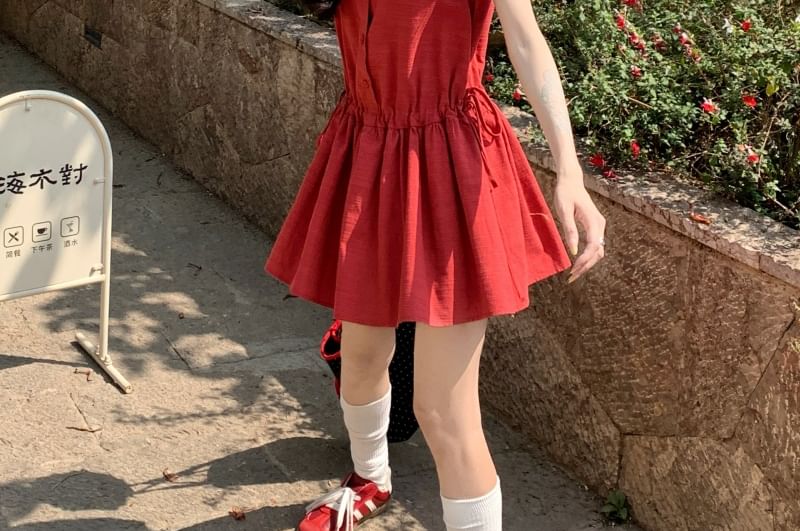 Sleeveless Round Neck Plain Button Mini A-Line Dress