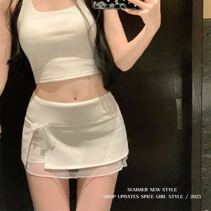 Mid Waist Bow Lace Panel Mini Pencil Skirt