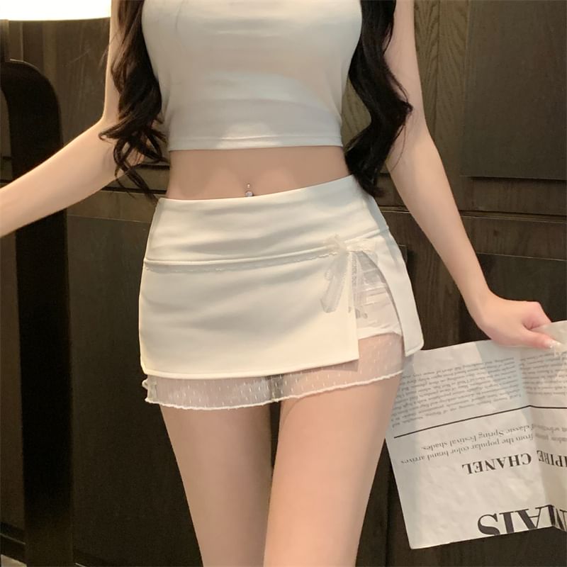 Mid Waist Bow Lace Panel Mini Pencil Skirt