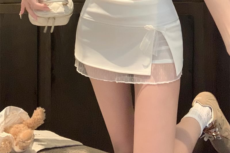 Mid Waist Bow Lace Panel Mini Pencil Skirt
