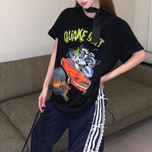 Short-Sleeve Round Neck Graphic Print Tee / Spaghetti Strap Mini Bodycon Dress