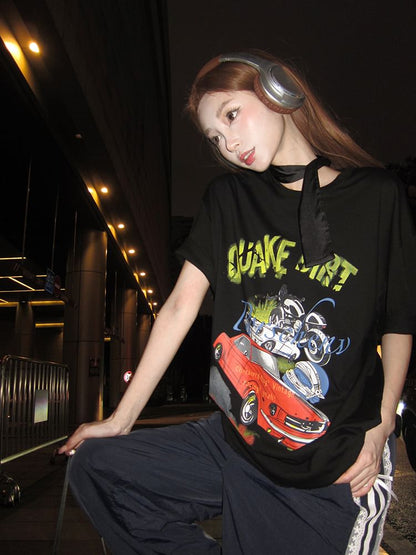 Short-Sleeve Round Neck Graphic Print Tee / Spaghetti Strap Mini Bodycon Dress