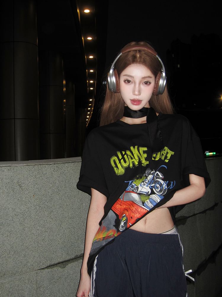 Short-Sleeve Round Neck Graphic Print Tee / Spaghetti Strap Mini Bodycon Dress