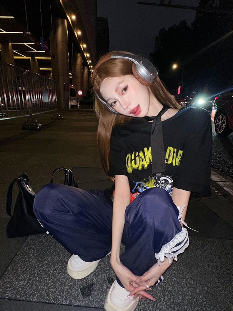 Short-Sleeve Round Neck Graphic Print Tee / Spaghetti Strap Mini Bodycon Dress