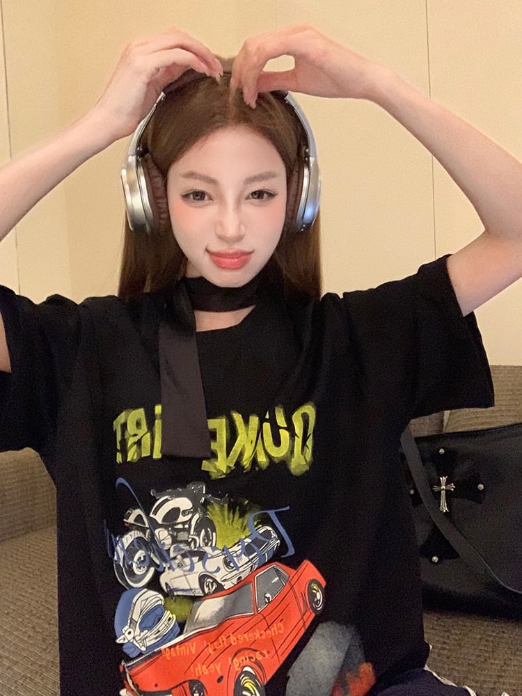 Short-Sleeve Round Neck Graphic Print Tee / Spaghetti Strap Mini Bodycon Dress