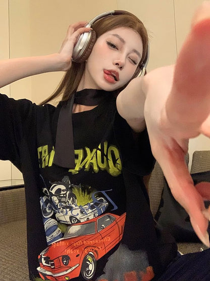 Short-Sleeve Round Neck Graphic Print Tee / Spaghetti Strap Mini Bodycon Dress