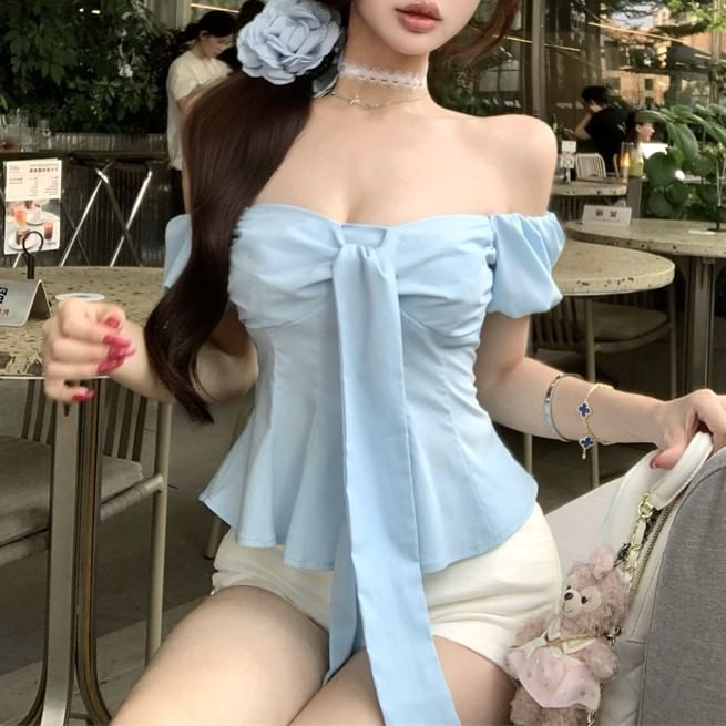 Puff-Sleeve Off-Shoulder Plain Bow Slim Fit Top