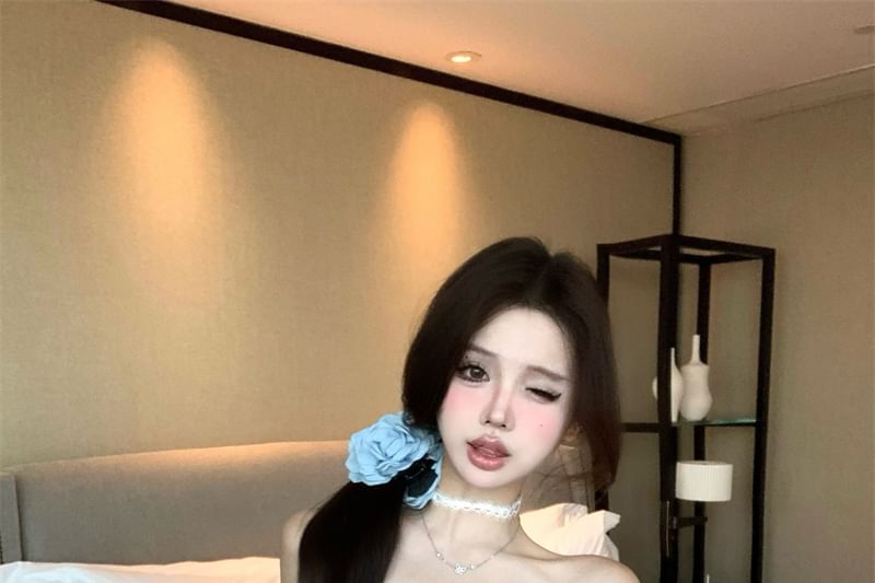 Puff-Sleeve Off-Shoulder Plain Bow Slim Fit Top