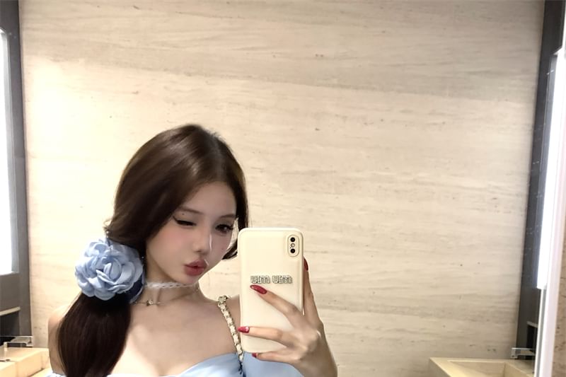 Puff-Sleeve Off-Shoulder Plain Bow Slim Fit Top