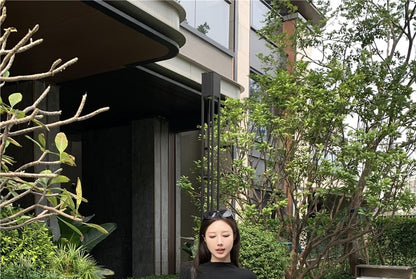 Short-Sleeve Mock Neck Plain Crop Slim Fit Tee / Mid Waist Maxi A-Line Skirt