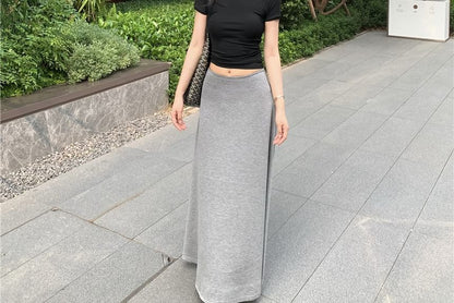 Short-Sleeve Mock Neck Plain Crop Slim Fit Tee / Mid Waist Maxi A-Line Skirt