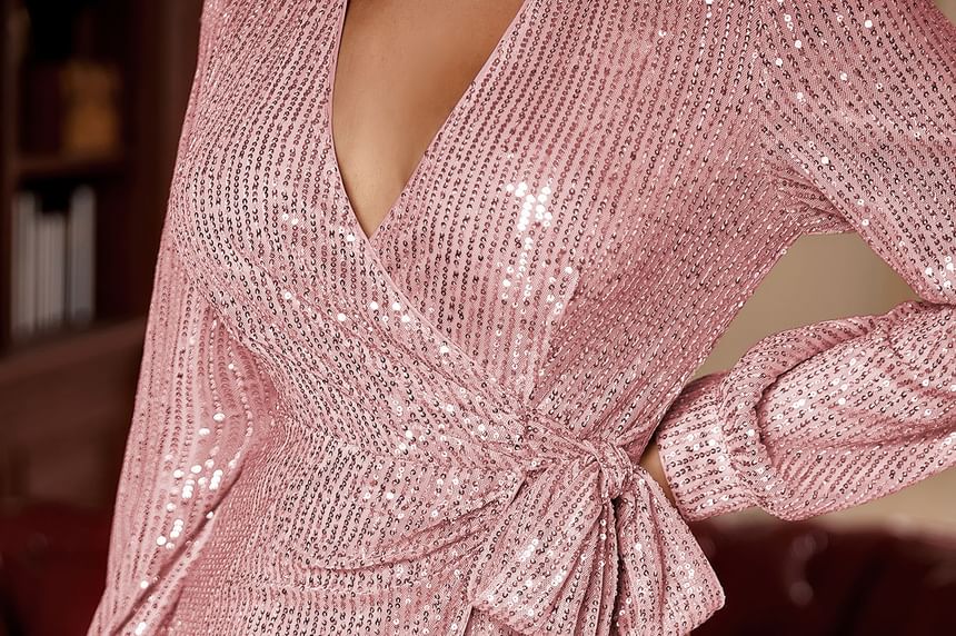 Long Sleeve V-Neck Collared Plain Sequin Mini A-Line Wrap Cocktail Dress