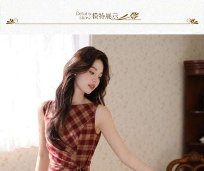 Sleeveless Plaid Maxi Sheath Dress / Plain Crop Cardigan / Set