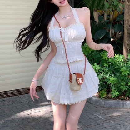 Halter Plain Bow Crop Slim Fit Top / Elastic Waist Tiered Mini A-Line Skirt