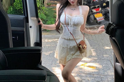 Halter Plain Bow Crop Slim Fit Top / Elastic Waist Tiered Mini A-Line Skirt