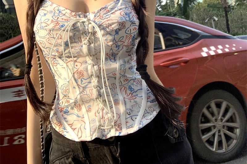 Cartoon Print Lace-Up Slim Fit Camisole Top