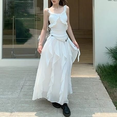 Plain Ruffle Trim Slim Fit Tank Top / Elastic Waist Asymmetrical Midi A-Line Skirt